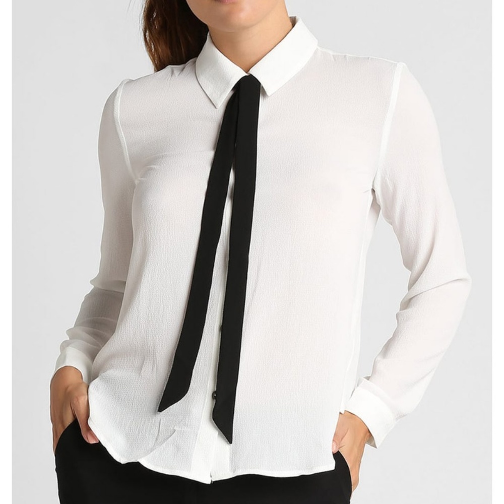 Off White Bow Tie Button Shirt Chiffon Blouse Top - Picture 5 of 8